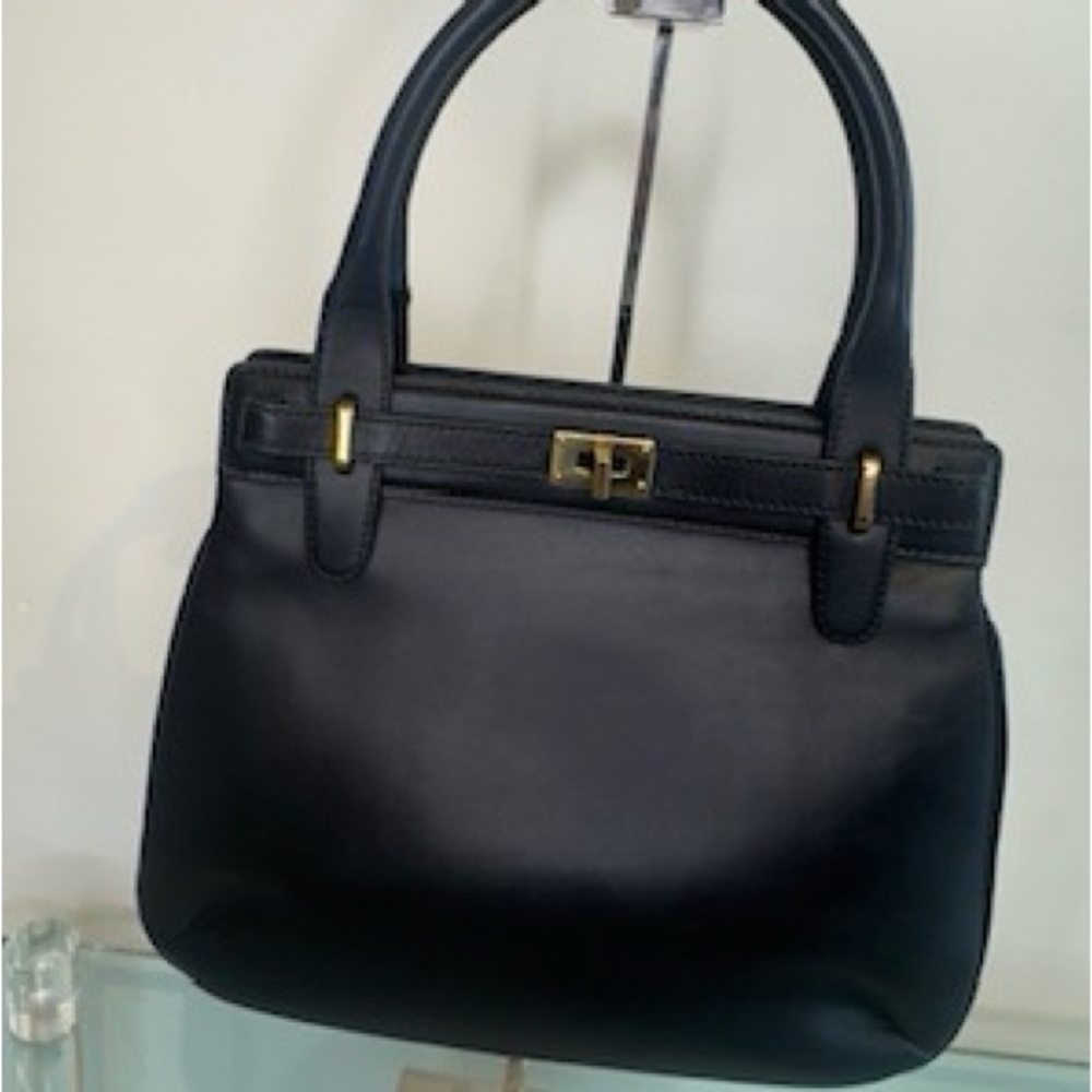 Vintage Gucci “Turnlock” Black Leather Top Handle Handbag